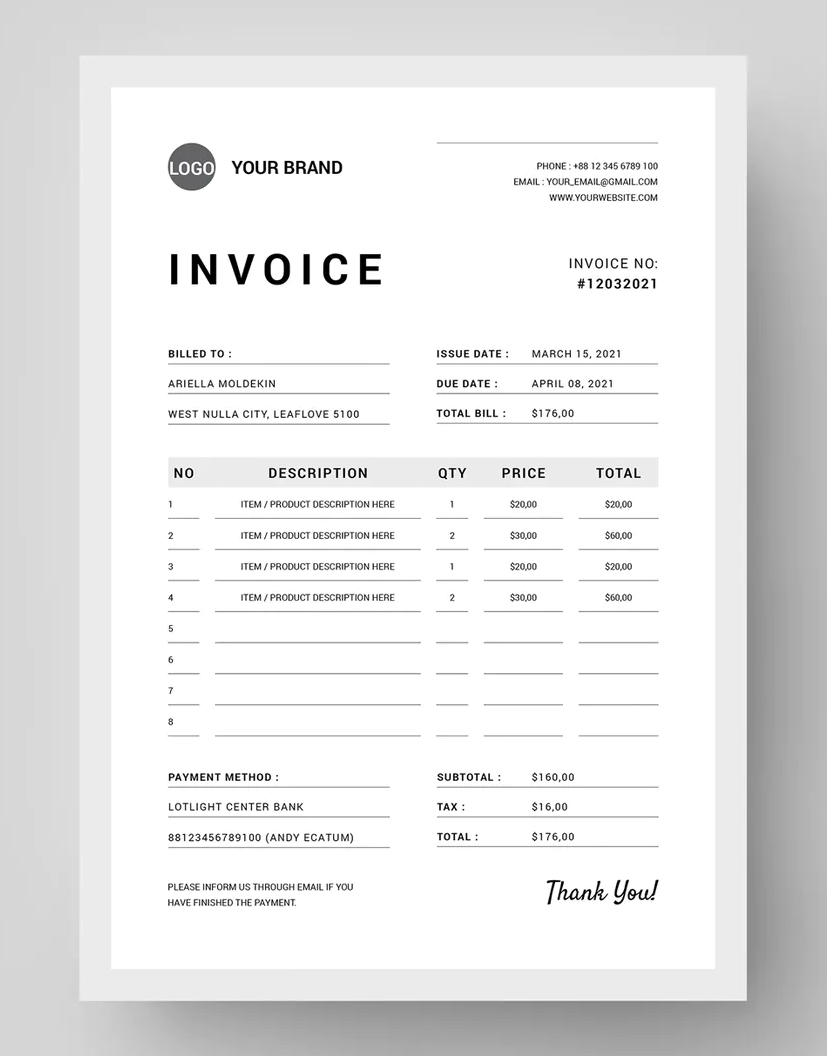 Product Invoice Template MS Word